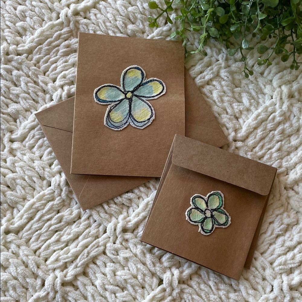 Handmade Greeting Cards Set of Two Whimsical Embroidered Flower on Cardstock